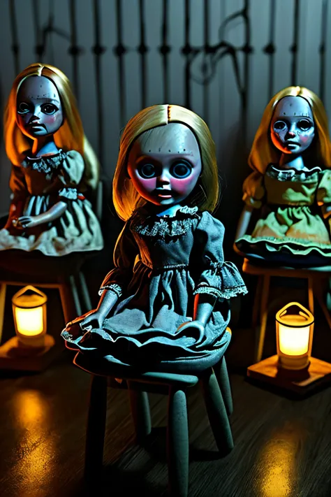 night scene. Three Anabelle style dolls sitting on wooden chairs with eyes glowing with white lights.