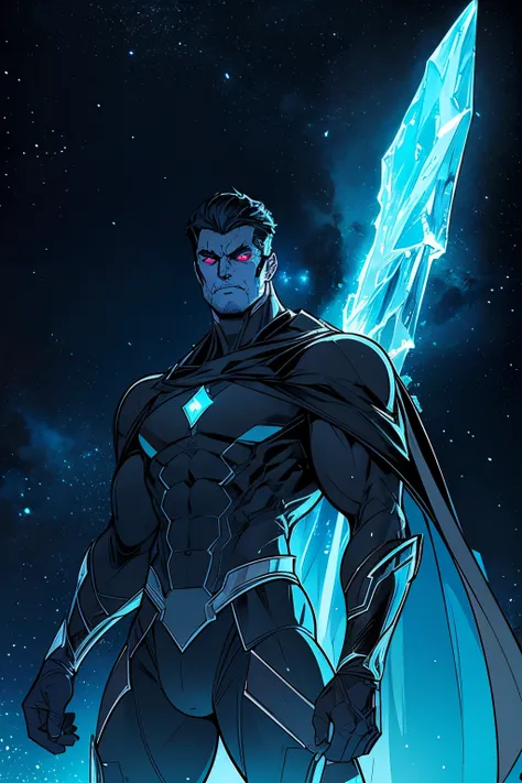 a current comic book titled Iced featuring a muscular man wearing a black cape with blue glowing eyes and comet ice and particles trailing off his body in a deep space environment with a surreal galaxy in the background. The villain, named Black axe, is a ...