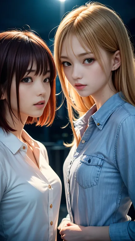 (Natural strawberry blonde and redhead girls with pretty faces), Cute pose, wearing a button shirt,  body, skinny, Atmospheric, Dark atmosphere, Edge lighting, Sayaka Yamamoto, Saito Asuka, Mao Akiyama&#39;s facial features, 8K, Full body portrait, Elegant...