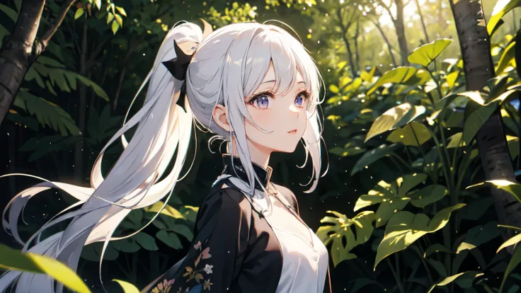 ((best quality)), ((masterpiece)), (detailed), 1girl, sexly,In the woods early in the morning、A beautiful girl with purple eyes and white hair tied in a ponytail、A view of people enjoying the breeze while strolling。In the quiet forest、Her hair blowing in t...