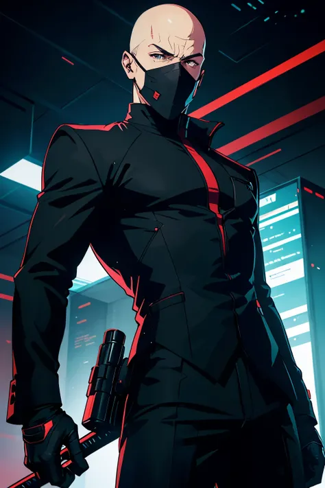 generate a guy in a futuristic hitman costume, he has a bald headed mask that covers his whole face leaving his mouth and eyes showing only, simple all black clothing, his suit has trailed lines of glowing light around it, he has a utility gear, comic styl...