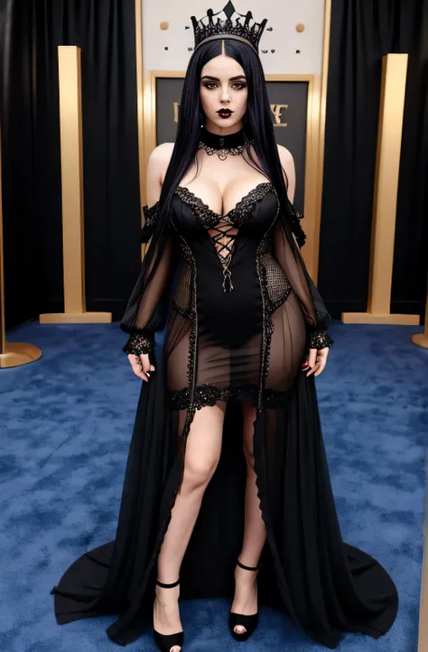 an image of a woman in a black dress and stockings on a red carpet, witches gala,(many sexy modern witches), grimes, goth chic, Billie eilish, wearing a gothic dress, in a black chiffon layered robe, black gown, goth woman, large round busty saggy breasts,...