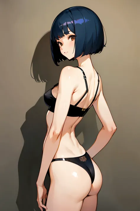 Girl with a dark blue bob haircut and brown eyes in black underwear, small breasts, visible ass, detailed, high quality