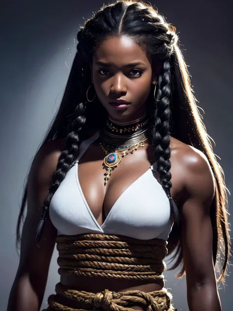  A tall, muscular African woman wearing traditional warrior attire, She has big, long hair with braids,White hair Dark skin, white eyes, (best quality,4k,8k,highres,masterpiece:1.2),ultra-detailed,(realistic,photorealistic,photo-realistic:1.37),portrait,co...