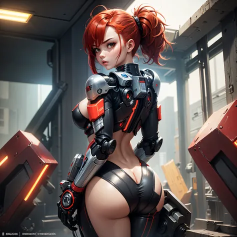 1 piece 1 person 1 Mecha girl half cyborg stands with her back to the camera showing her naked big booty ass girl with bright red hair in a black cyborg Android suit