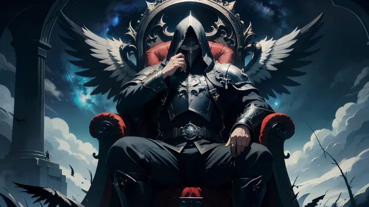 paladin, more robust, with all black metal outfit, sitting relaxed on his throne, with the face uncovered ( no armor), with the background in the middle of the heavens, with 4 black wings
