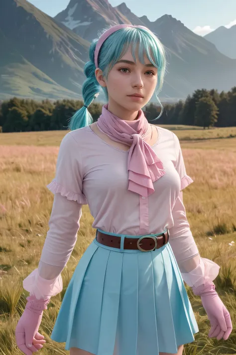 (best quality)+, (intricate detail)+, (soft focus)++, (25yo)+++, 8k photograph of a defiance512 girl, 18 years old, (aqua colored hair), 
blmpony, aqua hair, hair ribbon, braided ponytail, (pink shirt), belt, scarf, (pink skirt), clothes writing, brown glo...