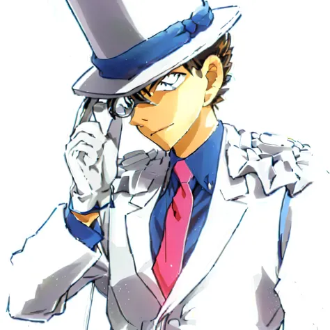 Anime characters dressed in white suit and top hat talking on a cell phone, He is wearing a top hat, Anime Man, Tall anime guy with blue eyes, as an Anime characters, yukio - e, Anime characters, With glass eyes and top hat, Osamu Tezuka, shinichi sakamoto...