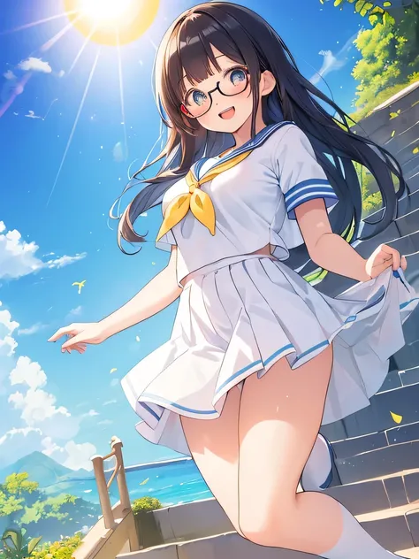 ((masterpiece)), ((best quality)), (ultra-detailed), ((kawaii)), cute, (lovely), illustration, anime style, (from below), stairs, Sailor uniform, short sleeves, (beautiful eyes), beautiful black hair, long hair, slim, slender, glasses, medium breast, hot s...