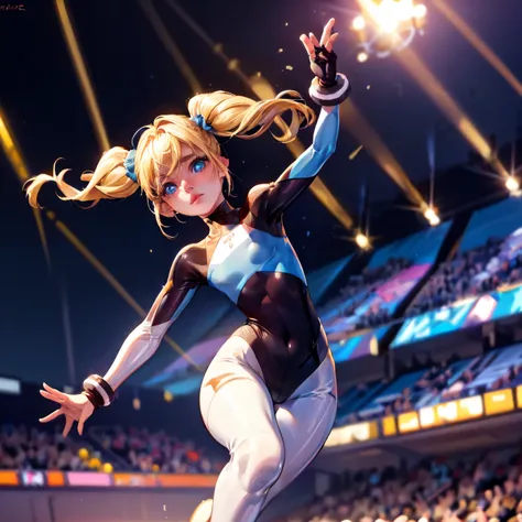 solo, bodysuit, skindentation, figure skating, ice skating, strike a pose, elegant, from below, foreshortening, spotlights, silhouette, dramatic lighting, bubbles, stadium, crowd,, (bubbles), (blonde hair, blue eyes, short twintails, pigtails)