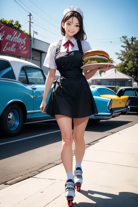 best quality, high resolution, ultra-detailed, 60s, a waitress, carrying burgers, smiling faces, roller skating, drive-in theatre, American graffiti,