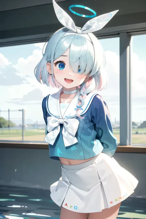 (masterpiece, best quality, highres, ultra detailed, detailed background:1.2), (beautifull, detailed face, detailed eyes), arona, 1girl, white hairband, bow hairband, halo, mechanical halo, short hair, single braid, blue eyes, two-tone hair, multicolored h...