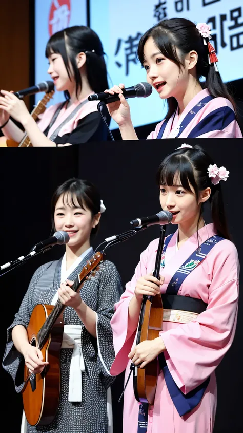 beautiful japanese a woman 、two girls、with playing the shamisen, kimono, singer、singing twins、two japanese girls、on stage、holdin...