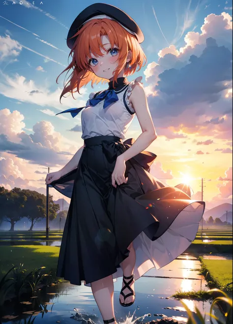 kidney, Rena Ryuuguu, Orange Hair, short hair, blue eyes, smile, blush,Grin,(Small breasts:1.2),beret,Sleeveless dress,Long skirt,Heeled Sandals,morning,morning陽,The sun is rising,Paddy field,walking,whole bodyがイラストに入る,
壊す looking at viewer,whole body,
Des...