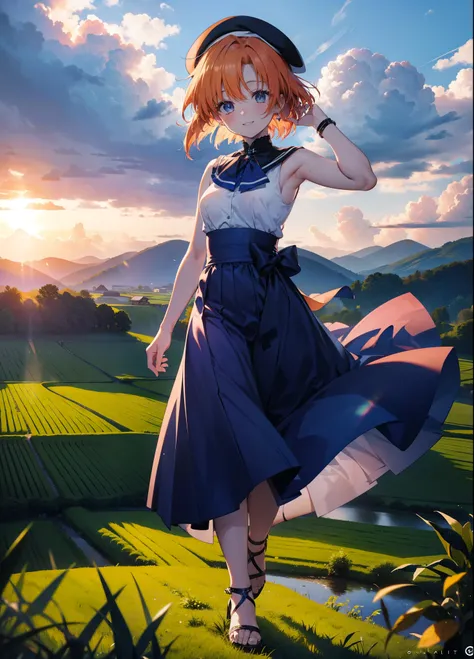 kidney, Rena Ryuuguu, Orange Hair, short hair, blue eyes, smile, blush,Grin,(Small breasts:1.2),beret,Sleeveless dress,Long skirt,Heeled Sandals,morning,morning陽,The sun is rising,Paddy field,walking,whole bodyがイラストに入る,
壊す looking at viewer,whole body,
Des...