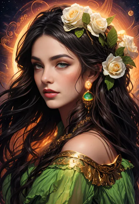 a portrait of(( a gypsy woman )) long black curly hair decorated with roses, the most beautiful of women, seductive green eyes, in high definition, Eu sou 8K, de 18 anos, goddess of the sea, goddess of the ocean, Lúthien, goddess art, goddess of greek myth...