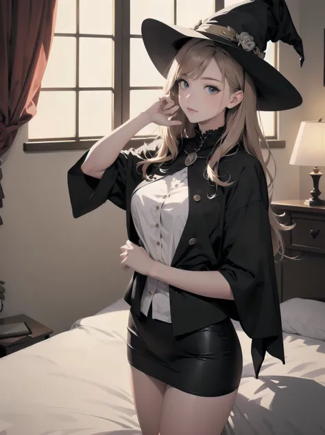 masterpiece, illustration, super detailed, kawaii, one girl, solo, witch in super cute pose, bed room, cowboy shot  ,sfw, Dynamic angle