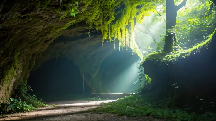 A mysterious cave deep in the forest, Towering, Ancient woods with twisted branches cascading across the landscape々. wood々is creepy, Otherworldly appearance, The bark is shiny, Luminous moss. The entrance to the cave is、Partly hidden by drooping vines and ...