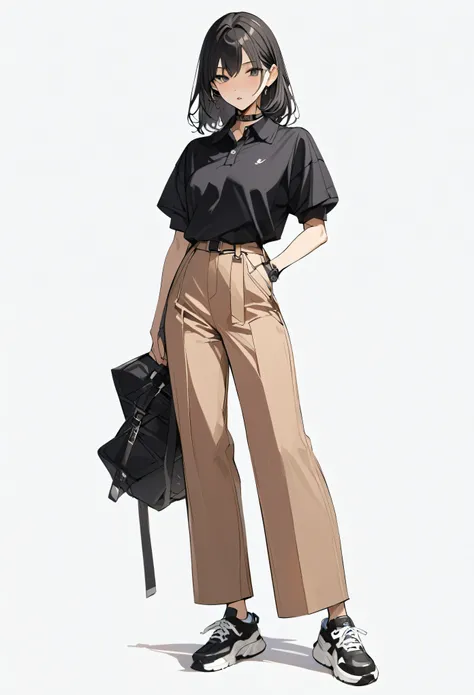 (masterpiece、Highest quality:1.2)、Only one girl、One person、Polo shirt、Layered、Wide-leg trousers、Black sneakers、whole body、Simple Background、