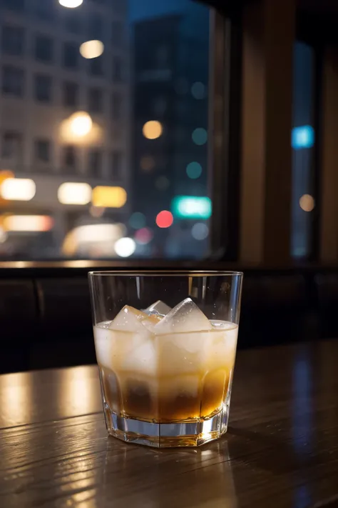 Ice cubes in glass with restaurant background