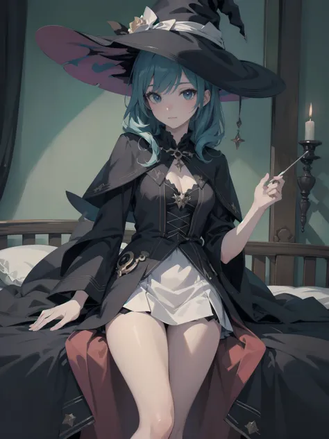 masterpiece, illustration, super detailed, kawaii, one girl, solo, witch in super cute pose, bed room, cowboy shot  ,sfw, Dynamic angle