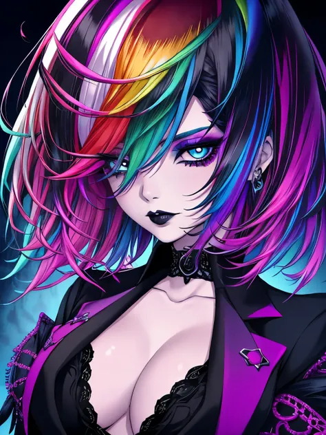 1girl, solo, goth ,short messy hair with long sides, short hair, black lips, eyeshadow, mascara, color: spectrum, vivid colors, rainbow hair , bright rainbow hair, perfect blue eyes, detailed eyes, big breasts, outdoors, highly detailed portrait, pale skin...