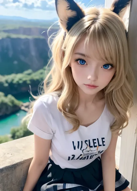 masterpiece, highest quality, Wolf Girl, elegant, One girl, Wolf Ears, Wolfs tail, cute, Blushed, View Viewer, From above, Blonde Wavy Hair, mini skirt, black and white striped t-shirt, blue eyes, Beautiful Eyes, Beautiful background, Particles of light, L...