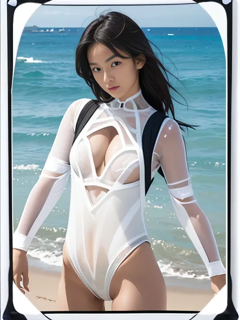 masterpiece, Highest quality, Beach,Beautiful Dark Skinned Japanese Woman,(((White transparent bodysuit:1.3))),I&#39;thin、 (((Big Breasts:1.2))), Dynamic pose, Wet Skin, Fine skin, Many layers, 8K, High resolution, Dramatic Shadows, sunlight, A portrait in...