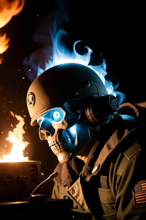 Blue Skull, fire coming out, military radio on the side, army communications weapon, ((best qualityer)), (detailded)