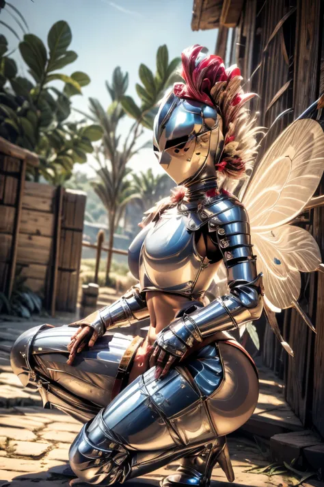 masterpiece, best quality, kardiaofrhodes, helmet, plume, gauntlets, butterfly_wings, thighhighs, bottomless, breastplate, nude, navel, wide hips, huge ass, from behind, squatting, 