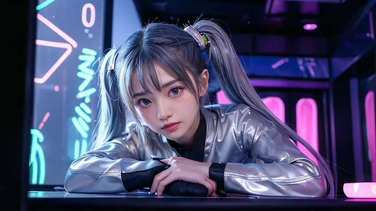 1 Beautiful girl with silver twin-tail hair: beautiful girl with silver twin-tail hair,japanese beauty, 18 years old, futuristic waitress outfit, cute smile. She serves cocktails on a tray.
Location
Futuristic nightclub: Futuristic nightclub lit by neon li...