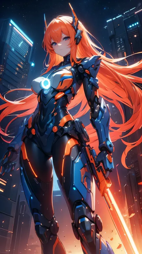 ((masterpiece)), (textured skin), ((high details)), best quality, award winning, 8k, beautiful woman, Mecha girl (blue and orange machine parts), (mechanical body:1.2), Armament made up of complex parts, android woman, gradient hair, blonde hair, Night sky...