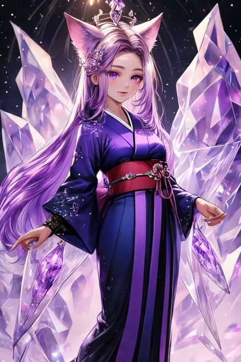 ((best quality)), ((masterpiece)), (detailed), detailed purple eyes, detailed hands, full-body image, humanoid kitsune, wearing a short kimono, crystallized crown, light purple hair, light purple fox ears, 2 translucent crystal foxtails, only 2 translucent...