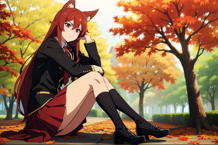 ((beautiful face)),1girl ,20s,mature female,solo,(red hair),long hair,red eyes,fox ears,(autumn leaves,outdoors),serious,necktie,black jacket, blazer,long sleeves,pleated skirt,looking ai view,feet out of frame,falling leaves,sitting,holding,hair between e...