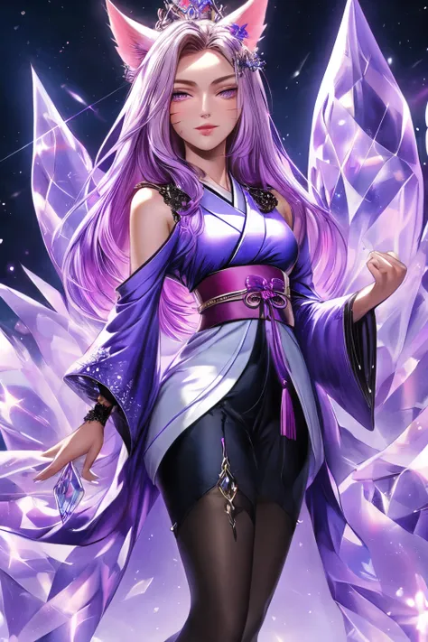 ((best quality)), ((masterpiece)), (detailed), detailed purple eyes, detailed hands, full-body image, humanoid kitsune, wearing ...