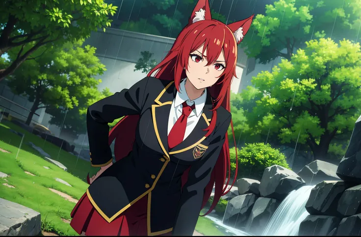 ((beautiful face)),1girl ,20s,mature female,solo,(red hair),long hair,red eyes,fox ears.serious,necktie,black jacket, blazer,long sleeves,pleated skirt,hair between eyes,score 9, source anime, wide shot, from below,dynamic pose,wet skin, rain drops, outdoo...