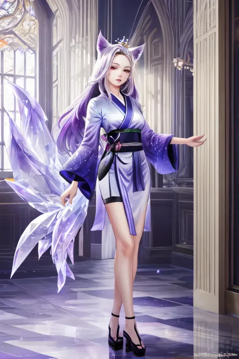 ((best quality)), ((masterpiece)), (detailed), detailed purple eyes, detailed hands, full-body image, humanoid kitsune, wearing ...