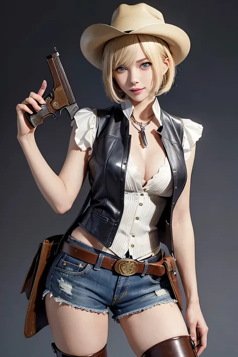 ((Highest quality)), ((masterpiece)), (detailed),  Girl、Slim body、blue eyes、Blonde Hair、Hair bob-cut、Very large breasts、smile、Ten-gallon hat、A western vest with a very wide neckline、No bra、Shorts、Leather long boots、Carry one revolver、Holster on waist、The b...