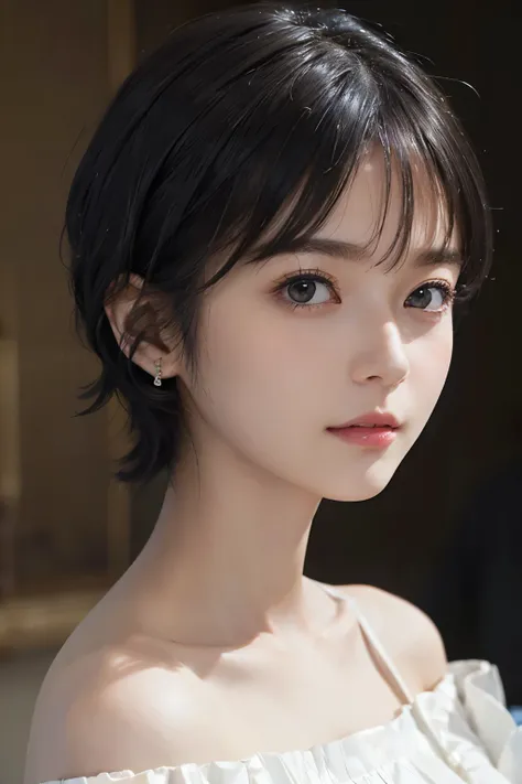 (((Black Short Hair))), (Louvre Museum), Seductive pose, Background is grassland、Image from chest up:1.6)、Close-up portrait of a woman wearing a white off-the-shoulder top dress and earrings, Soft portrait shot 8k, Nice delicate face, High-quality 4K portr...