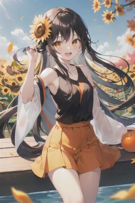 multicoloured, One girl, length_hair, flowwg_hair, Open_mouth, 一人w, yellow_flower, smile, fish, white_flower, :d, colorful, orange_(fruits), orange_slice, combustion, orange_eye, shirt, autumn, No sleeve, bubble, just_shoulder, autumn_leaf, Underarm, skirt...