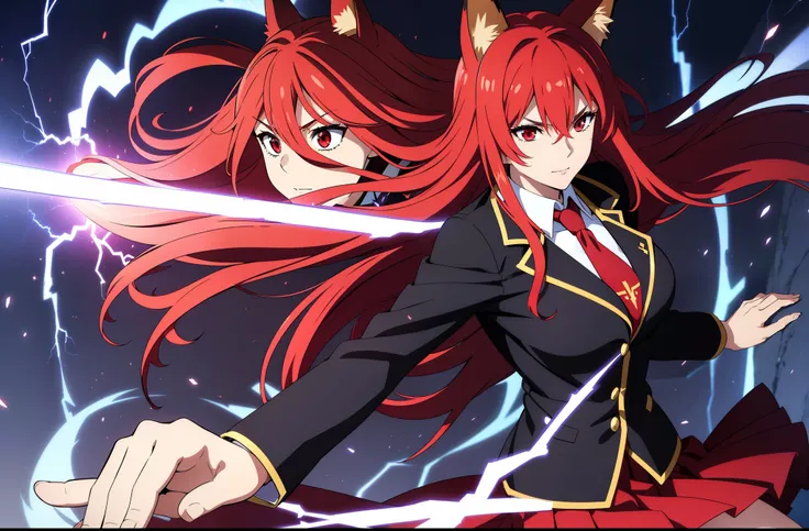 ((beautiful face)),1girl ,20s,mature female,solo,(red hair),long hair,red eyes,fox ears.serious,necktie,black jacket, blazer,long sleeves,pleated skirt,hair between eyes, A huge lightning strikes behind,