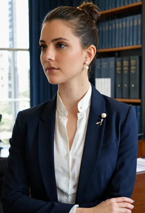 ((half body, professional)), Discreet Brazilian lawyer, ((dark hair in simple bun)), (28 years old), composed, masterpiece, qualidade excepcional, Ultra-detailed, alone, indoor, (((conservative law office))), (((modest professional attire))), ((navy blue b...