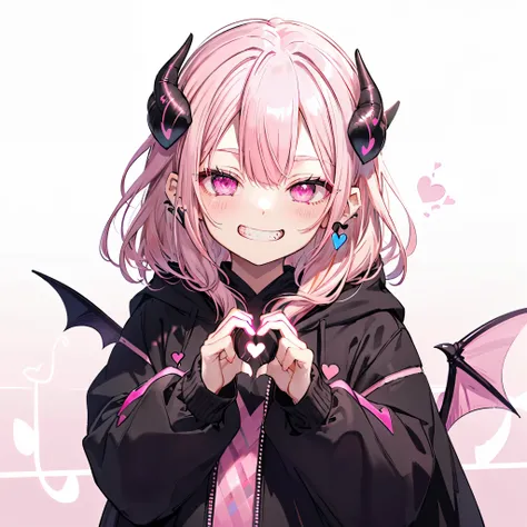 ((((jagged　open your mouth　grin　pink background　shining heart))))　(((black hoodie　wearing a hood　demon horns　heart iris　close-up...