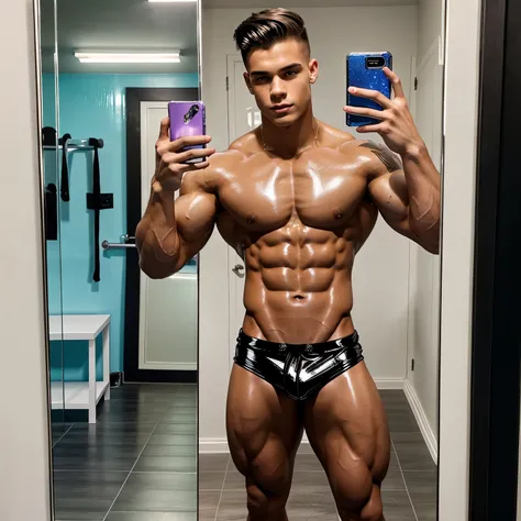 full view full body, Handsome young muscle bodybuilder 18 year old 190 cm gay model in gym shiny latex swimming trunks sexy pose flexing wet and shiny skin portrait tattoo taking mirror selfie with phone pretty face wallpaper 