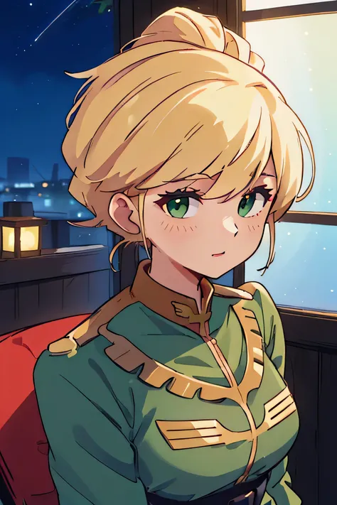 (night:1.7), Japan, Tokyo, City View, In front of the window,
Upright immobile posture,
green_army_uniform,pantyhose, a uniform with gold trims and a collar,shirt,belt,
Kim hair,Green eyes,lipstick, Front hair,hair_good,
1 Girl, 20-year-old,young woman,bea...