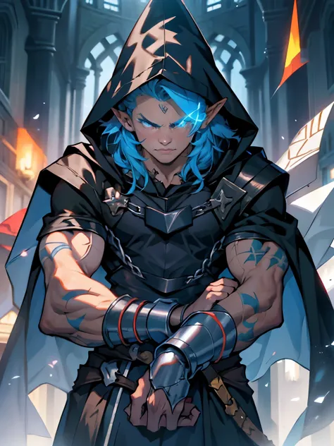 Pointy ears, Muscular man, defined body, developed body, slave, shackled slave, hooded cloak, prisoner, medieval
