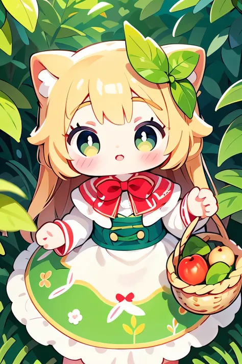 Chibi girl doll dressed up for adventure、Little Red Riding Hood Cosplay、Walking happily、Sing、Holding a basket of apples in his left hand、Forest Background、(Highest quality、4K、8K、High resolution、masterpiece:1.2)、Super detailed、(Realistic、フォトRealistic、フォトRea...