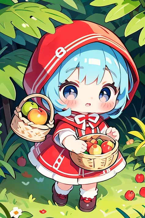 Chibi girl doll dressed up for adventure、Little Red Riding Hood Cosplay、Walking happily、Sing、Holding a basket of apples in his left hand、Forest Background