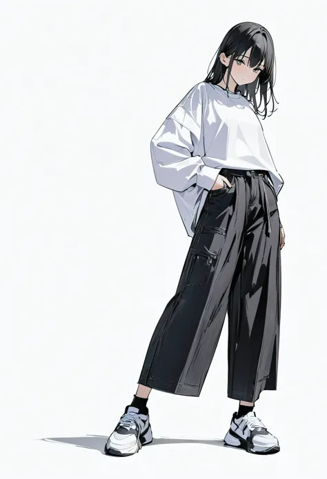 (masterpiece、Highest quality:1.2、8K)、Centered、Only one girl、shirt、Wide-leg trousers、Simple single-color sneakers、whole body、Simple Background、White background、