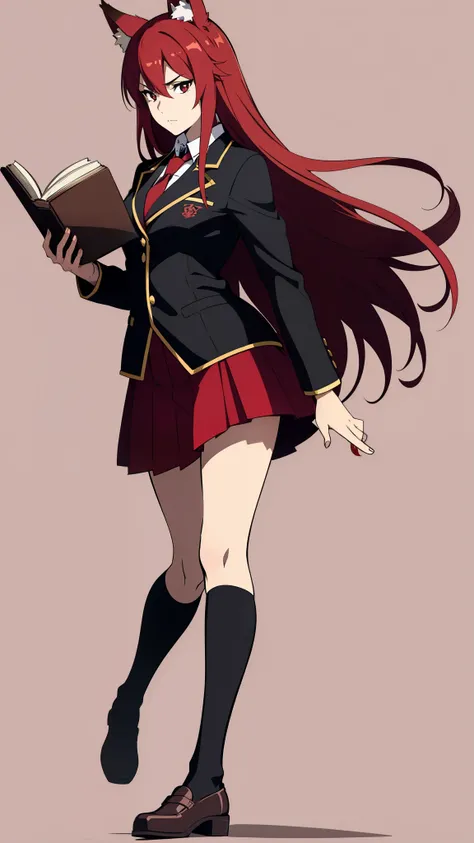 ((beautiful face)),1girl ,20s,mature female,serious face,solo,(red hair),long hair,fox ears,hair between eyes,red eyes,(no background, simple background),necktie,black jacket, blazer,long sleeves,pleated skirt,full body,walking,from back,holding books